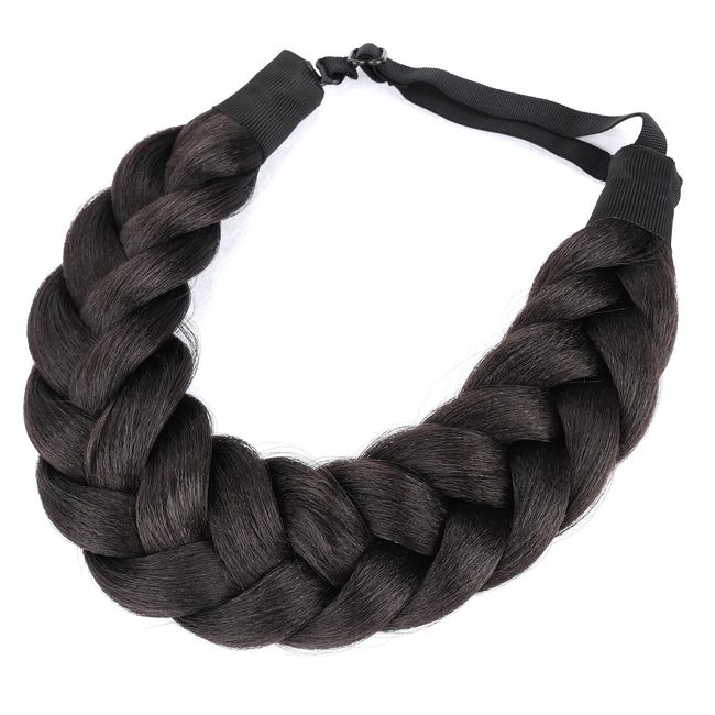 Gledola Yaki Straight Afro Thick Shaggy fluffy Wide 2 Strands Hair Braided Headband Chunky Plaited Braids Elastic Stretch Hairpiece for black Women Kinky Straight (Deep Brown)