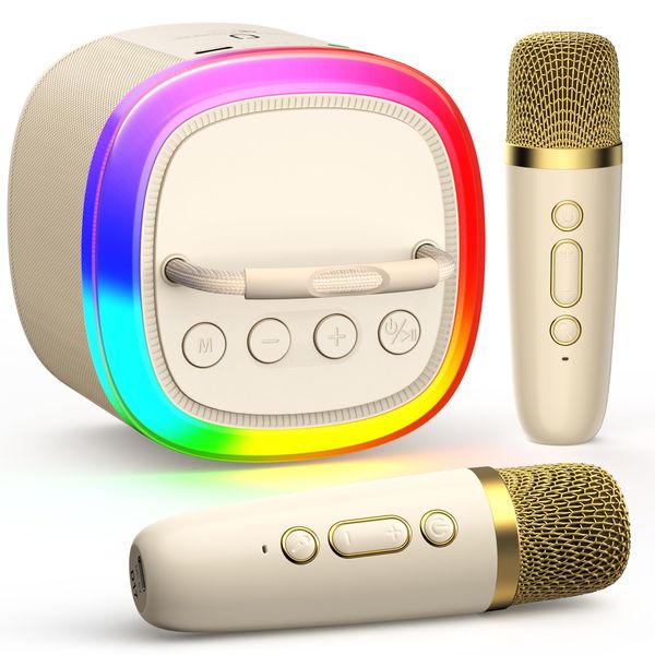 HWWR Mini Karaoke Machine for Kids: Portable Bluetooth Speaker with 2 Wireless Microphones & Disco Lights for Home Party, Kids Birthdays Christmas, Toys for Girls Boys 3-12+