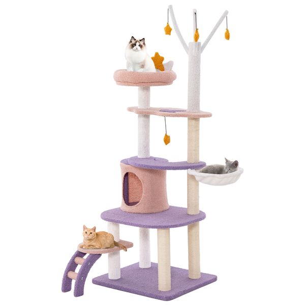 62" Cat Tree Tower w/ 3 Pompom Sticks & Teasing Star Ball, 2.8" Scratching Posts