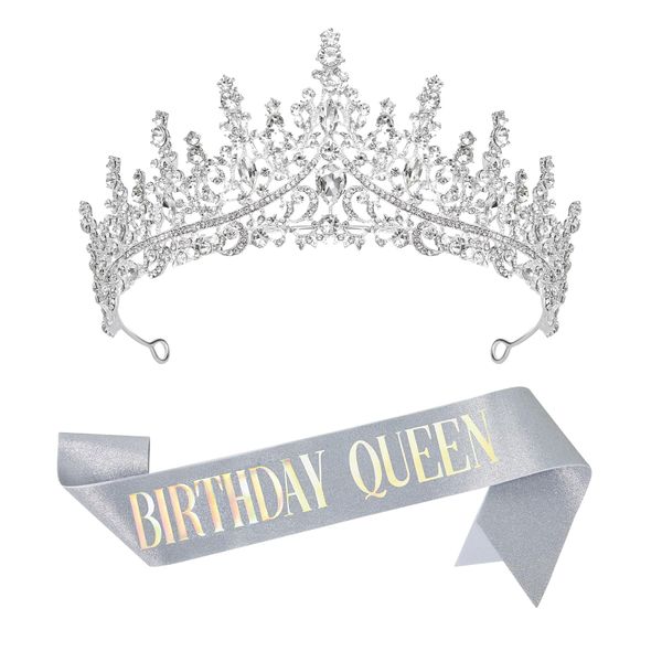 SWEETV Birthday Crowns for Women Silver Birthday Queen Sash and Tiara Set Rhinestone Princess Headband for Birthday Party Photograph