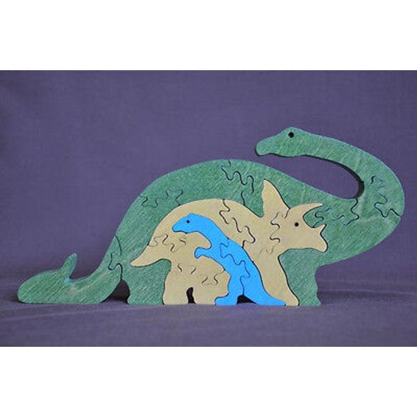 Long Neck & Triceratops Dinosaur Wood Puzzle Amish Made Scroll Saw Toy Figurine