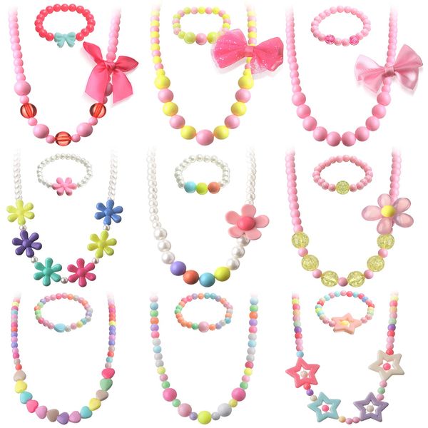 18 Pieces Girl Beaded Necklace Bracelet Colorful Kids Play Jewelry Princess Costume Jewelry Gift Party Favors Dress Up Jewelry for Little Girl Toddler