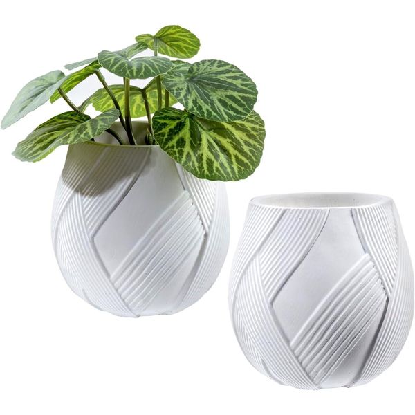 Round White Concrete Planter Pots, Decorative Indoor Plant Containers, Set of 2