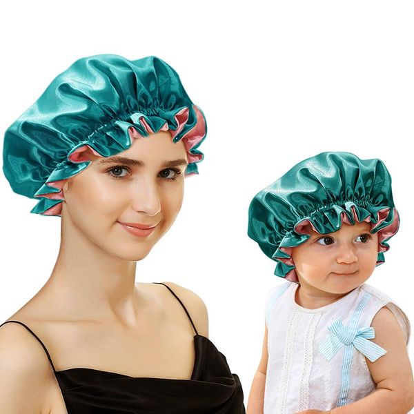 Sent Hair Mommy and Me Bonnet Set Satin Bonnet Sleep Cap Adjustable Hair Bonnet for Women and Baby,Kids,Toddler Curly Hair Cap Double Layer (Green/Bean Paste)