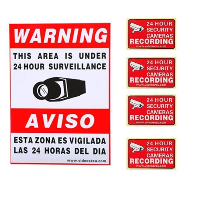 VideoSecu 1 of Large (11.5x8.3") and 4 of Small (3x2") Security Warning Stickers Window Alarm Signs Decals for Home CCTV DVR CCD Video Surveillance Camera System 1RR