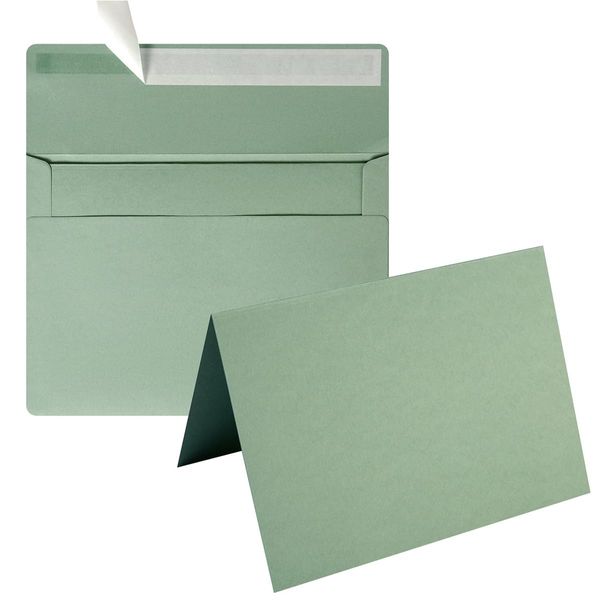 Wishop 50 Pack Self-Adhesive Envelopes with Fold Cards for Wedding Invitations, Greeting Cards, Baby Shower, Letter Mailing (Sage-Green, 5x7)