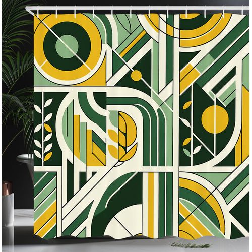 Ambesonne Green Shower Curtain, Mid Century Modern Boho Inspired Geometric Roundy Shapes and Lines Leaves, Cloth Fabric Bathroom Decor Set with Hooks, 69" W x 70" L, Earth Yellow Pale Teal