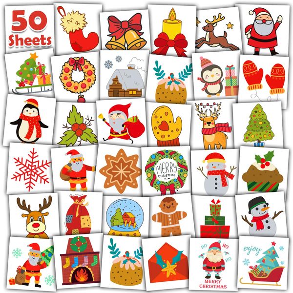 Leesgel 50 x Tattoos for Kids Christmas Stocking Fillers, Merry Christmas Decorations - Santa/Christmas Hat/Tree/Snowman Tattoo Stickers, Christmas Eve Box Sweets Gift Ideas Birthday Party Favours
