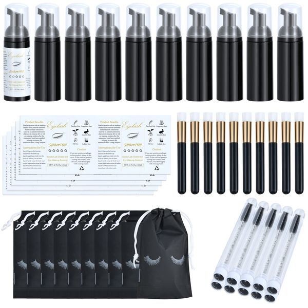 50 Pcs Lash Shampoo Bottle Brushes Set, Empty Lash Shampoo Bottles, Lash Shampoo Label Stickers, Mascara Wands and Tubes Eyelash Brush, Lash Cleansing Brushes, Bag for Lash Extensions Aftercare(Black)