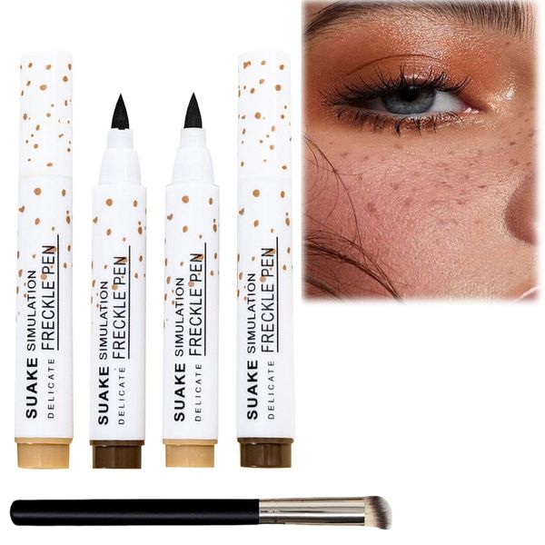 Sommersprossen Make Up Stift,Sommersprossen Stift,Sommersprossenstift,2 Farben Freckle Pen,Sommersprossen-Make-Up-Stift,Sommersprossen Stift Wasserfest,Wasserdicht Freckle Pen Mit Foundation Pinselset