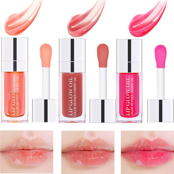 3 Pcs Plumping Lip Oil, Hydrating Glitter Lip Gloss Tinted Lip Balm Lip Care Transparent Toot Lip Oil, Nourishing Long Lasting Lip Glow Oil Lip Care Products