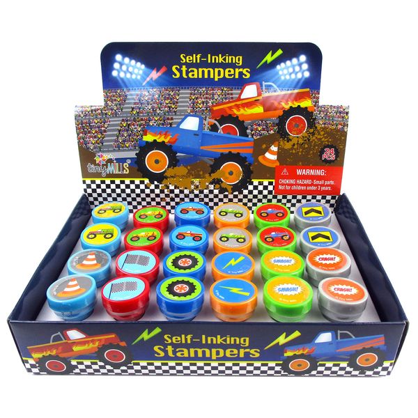 TINYMILLS 24 Pcs Monster Truck Assorted Stamps for Kids Self Ink Stamps (12 Different Designs) Birthday Party, Monster Truck Party Favors, Goody Bag Filler Treats, Classroom Rewards Carnival Prizes