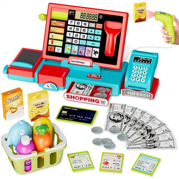 Educational Toy Cash Register Playset 4 Kids w/ Calculator Card Reader & Scanner