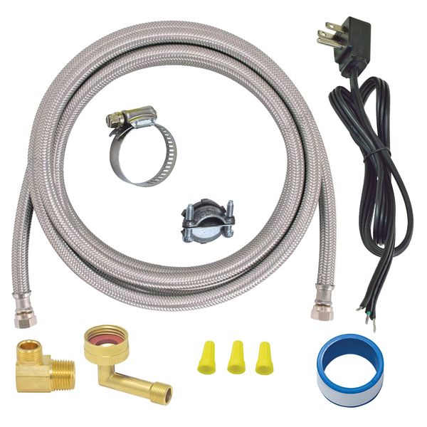 Eastman Dishwasher Installation Kit, 6 Foot Supply Line, 3/8 Inch x 3/8 Inch Compression, 6 Foot 3-Prong Straight Power Cord, Braided Stainless Steel Dishwasher Connectors, 41150