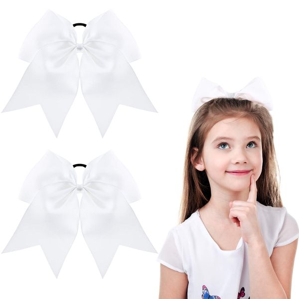 2 Packs Jumbo Cheerleading Bow 8 Inch Cheer Hair Bows Large Cheerleading Hair Bows with Ponytail Holder for Teen Girls Softball Cheerleader Outfit Uniform (White)