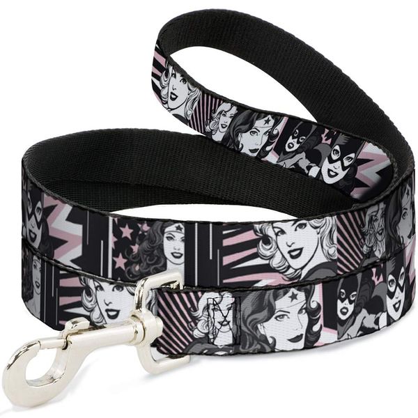 Buckle-Down Pet Leash - Batgirl/Wonder Woman/Supergirl Retro Panels Black/Pink/White - 4 Feet Long - 1" Wide