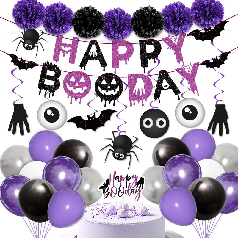 Purple & Black Sweet 50th Birthday Party Decorations Kit - Banner & Hanging Swirl Balloons