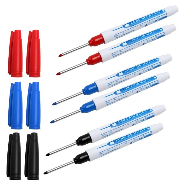 Pilikoll 6 Pcs Long Head Deep Hole Marker Carpenters Pen Fine Tip Permanent Marker Pens Deep Hole Marker Pens Marking Tool for Permanent Marking of Hard To Reach Areas (Black Blue Red)