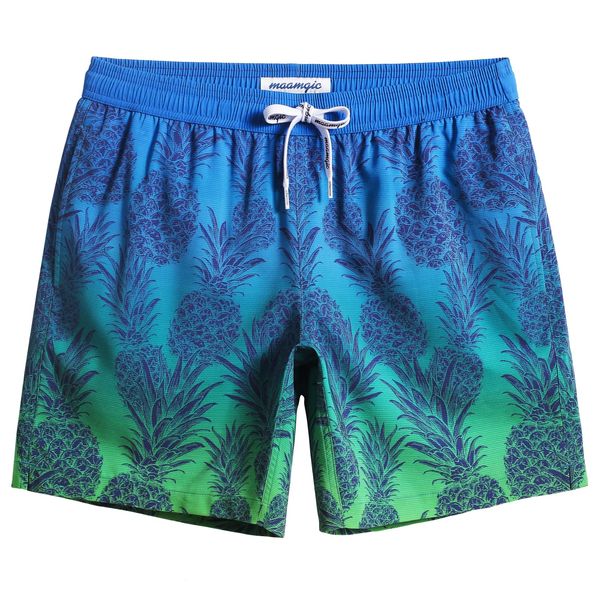 MaaMgic Mens Swimming Shorts Quick Dry 4 Way Stretch Swim Trunks Mesh Lining Swimwear Bathing Suits,Pineapple-Blue Green,XS