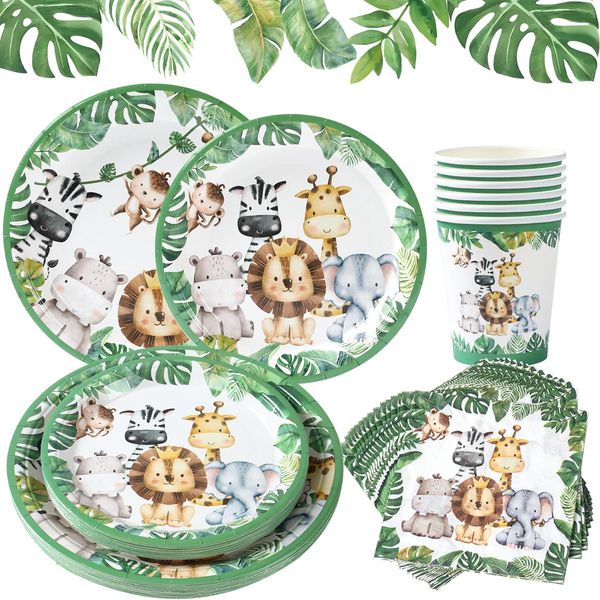 Green Paper Plates And Napkins Set - 96pcs Safari Party Plates Cups And Napkins, Party Tableware,Disposable Plate Cutlery For Jungle Theme Party Decoration Baby Shower Wild One Birthday Party Supplies