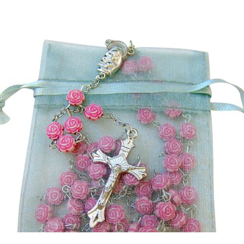 CB Catholic Mothers Day Rosary with Pink Rose Bud Shaped Beads 22 Inches Long