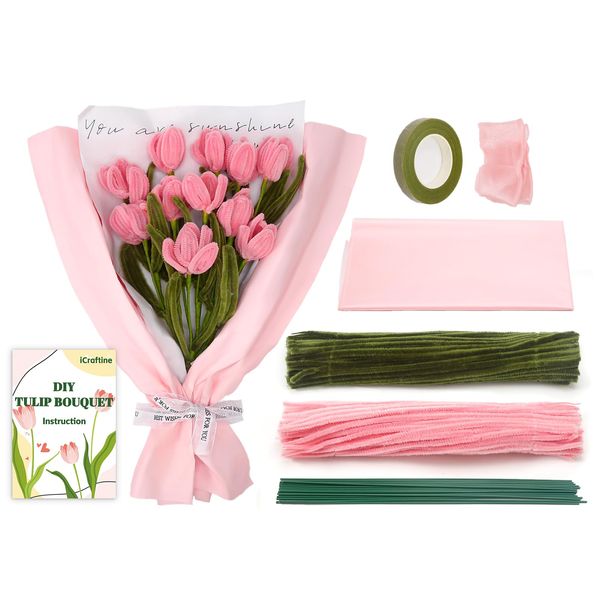 iCraftine 200 Pieces Pipe Cleaners Craft Supplies DIY Chenille Stems Tulip Bouquet Kit with Step-by-Step Video Tutorials for Wedding Gift, Holiday Decoration