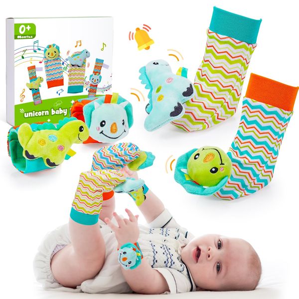 ZapWhiz Baby Infant Rattle Socks, 3 4 5 6 Month Old Baby Toys Wrist Rattles for Babies 0-6 Months Newborn Baby Learning Sensory Toys 3-6 Months Brain Development Toys Baby Boy Shower Gifts Dinosaur