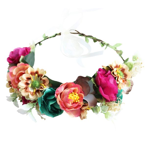 LLinfflr Women Floral Crown Flower Garland Headband Hair Wreath Floral Halo Headpiece Boho with Ribbon Wedding Party Photos