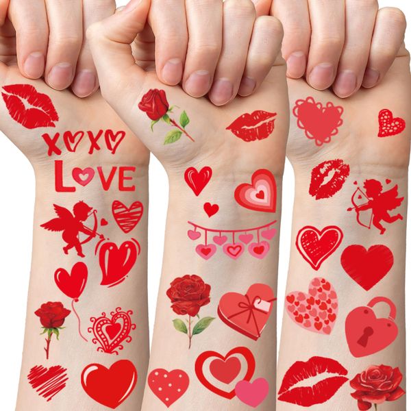 Valentine's Day Temporary Tattoos - 6 Sheets Love Theme Birthday Party Favors Decorations, Red Lip Heart Rose Arrow Party Supplies, DIY Gifts for Lover(3 Styles)