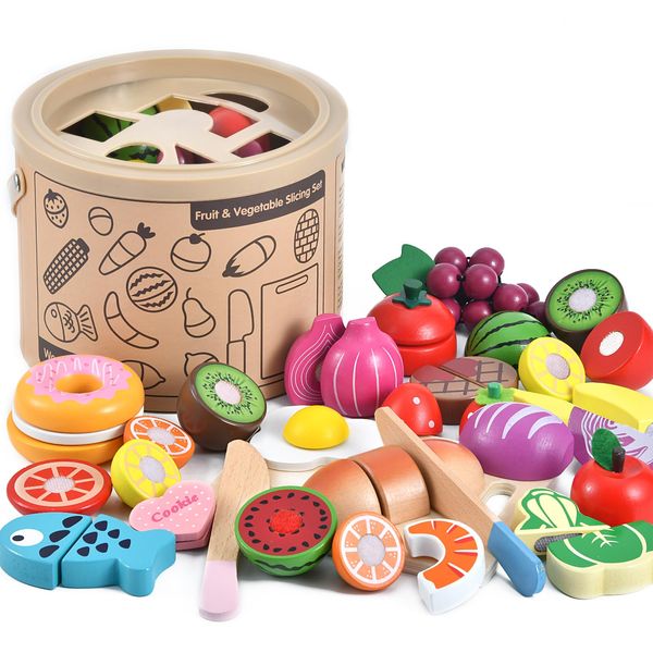 WHOHOLL Wooden Play Food for Kids Kitchen Playset, Play Kitchen Accessories Pretend Cutting Food Montessori Toys for 2+ Year Old with Basket, Toy Food for Fine Motor Skills