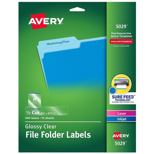 Avery 5029 Glossy Clear File Folder Labels, 1/3 Cut, 2/3 x 3-7/16, 450/Pack