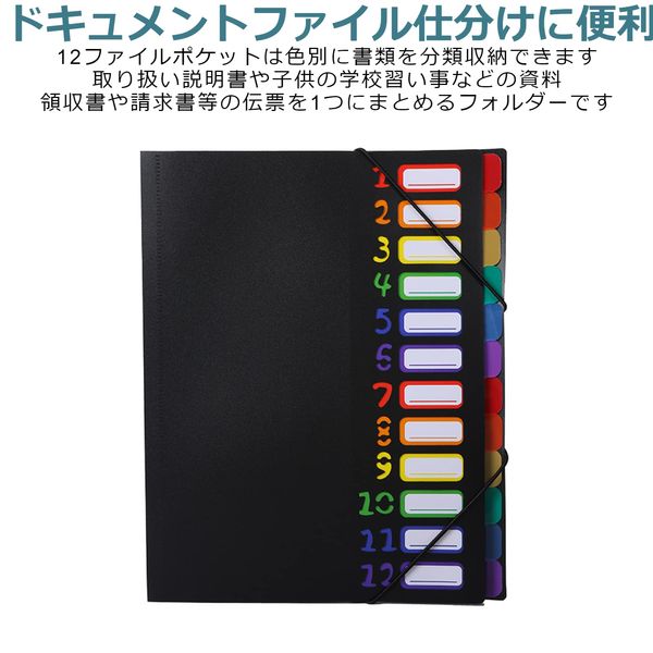 East Leaf Document File Folder File Case Fits A4 Size, Rainbow Index [12 Pockets, Black] Thin, Portable, Waterproof