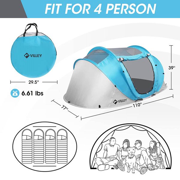 VILLEY 4 Persons Camping Tent Pop Up Tent Waterproof  Automatic Setup Easy Fold