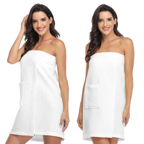 Crystal Dew 2 Pack Women Waffle Robe Bath Towel Body Wrap Bathrobes Spa Shower Travel Sauna with Adjustable Closure Pocket White L-XL