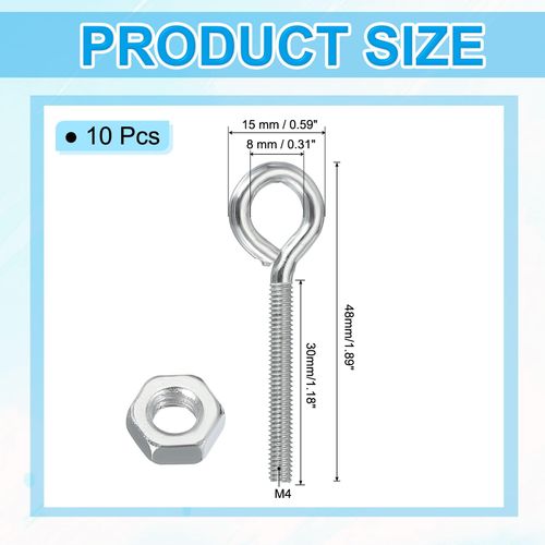 PATIKIL M4x30mm Eye Bolts, 10 Pcs Carbon Steel Threaded Eyebolt Eye Hooks Screws with Nut for Hanging or Securing Cables Silver