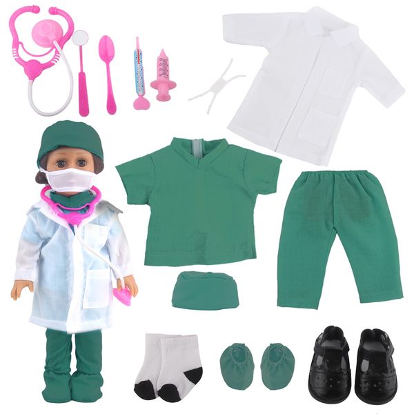 MSYO Doll Doctor Outfits and Medical Kit Accessories for 18 Inch Fashion Dolls, Includes White Coat, Green Scrubs, Doctor Surgical Gown and Tools Playset for 18 in Girl and Boy Dolls