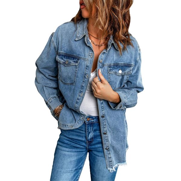 chouyatou Women's Distressed Oversize Frayed Hem Trucker Denim Jean Jacket Shirt Shacket (Medium, Blue)