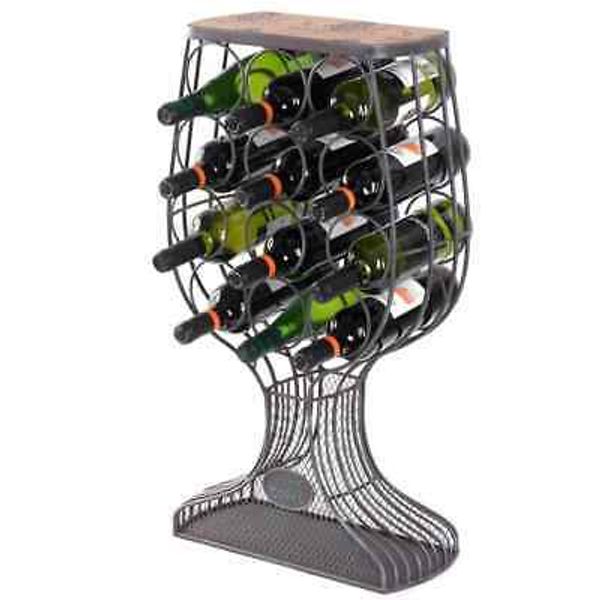 Freestanding Floor Wine Rack w/Wooden&Metal Goblet Design - Holds 12-Bottles