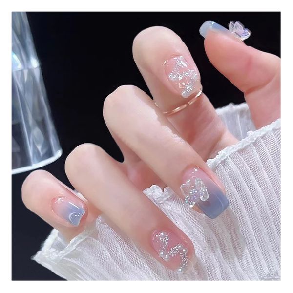 Lwenjing Nail Tips, False Nail Tips, 3D Nail Tips, Handmade Nail Tips, Wedding Nail Tips, Cute, Short Nail Tips, Popular, Japanese Style, Bride Nails, Glossy, 24 Pieces (DZ090)