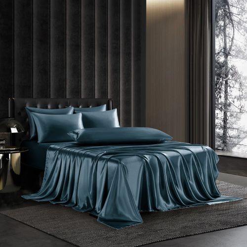 HommxJF 4Pcs Deep Sea Blue Silky Satin Sheets Twin Satin Sheets Set Silky Comforter Bedding Sheets with 1 Satin Flat Sheet,1Deep Pocket Fitted Sheet,2 Pillowcases with Envelope Closure
