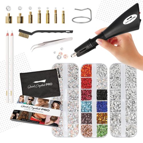 Hotfix Applicator, Quick Crystals Pro, Bedazzler Kit With Rhinestones, DIY Wand Setter Tool Kit With 7 Different Tip Sizes, Tweezers, Cleaning Brush, User Manual, And 4400 Rhinestones.