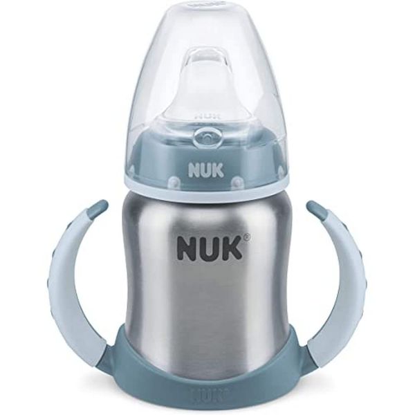 NUK First Choice+ Stainless Steel Learner Cup Sippy Cup | 6-18 Months | Leak-Proof Silicone Spout | Anti-Colic Vent | BPA-Free | 125ml | Blue | 1 Count