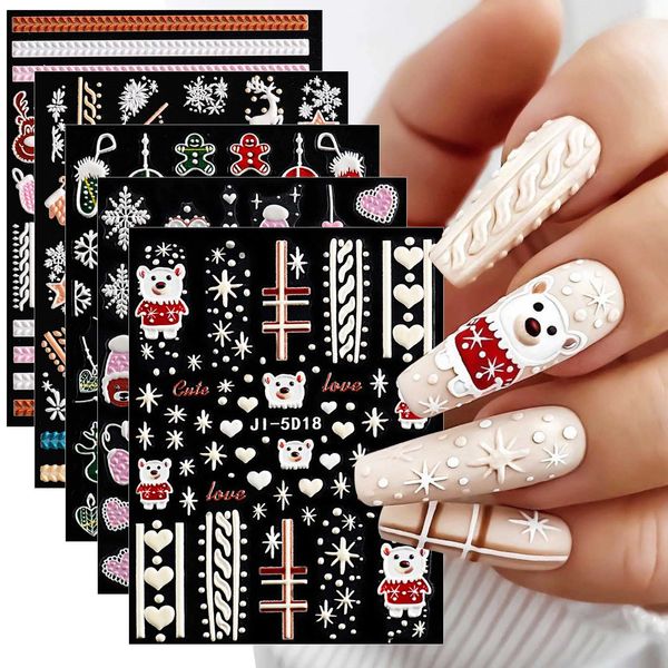 JMEOWIO 3D Natale Adesivi Unghie Nail Art Stickers Unghie Autoadesivi 5D Decorazioni Unghie Nail Art Disegni 5 Fogli