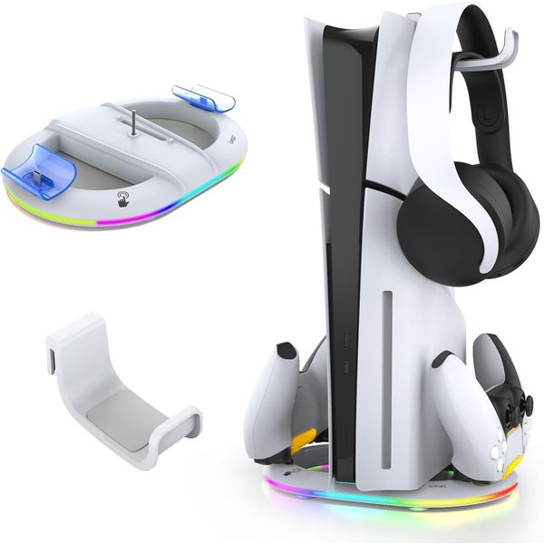 PhyiFlbey PS5 Pro / PS5 Slim Compatible, Vertical Stand, PS5 Pro / PS5 Slim Controller, Charge 2 Charging Stands Simultaneously, Multi-functional, Storage, Headphone Hook Included, Charging Indicator