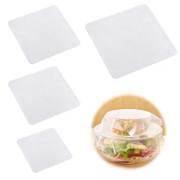 PAVIKE Silicone Wraps(3 Sizes, Set of 4) Silicone Lids Food Wraps, Silicone Endless Silicone Wraps, Food Wraps, Mug Covers, Silicone Bowl Covers, Clear Drop Lids, Silicone Lids, Reusable Refrigerator,