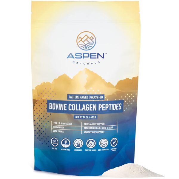ASPEN NATURALS Collagen Peptides Powder Supplement. Unflavored Grass Fed Hydrolyzed Collagen Powder for Skin Hair Nail Joint. Dairy & Gluten Free. Paleo Friendly Protein Powder for Women & Men. 24 oz