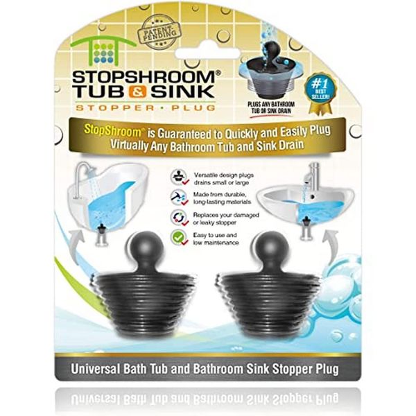 StopShroom Tub 2 Pack Universal Stopper for Bathtub and Bathroom Sink Drains, Black Plug 2pk, 2 Count