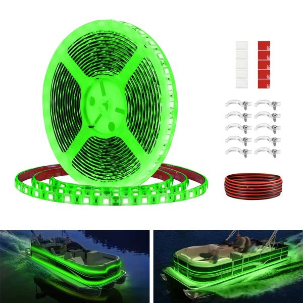 Vbakor Pontoon LED Strip Lights, 12V 5M/16.4FT Waterproof Marine LED Light Boat Interior Light, Boat Deck Light for Night Fishing, Ideal for Pontoon and Fishing Boat, Extension Cable Included (Green)