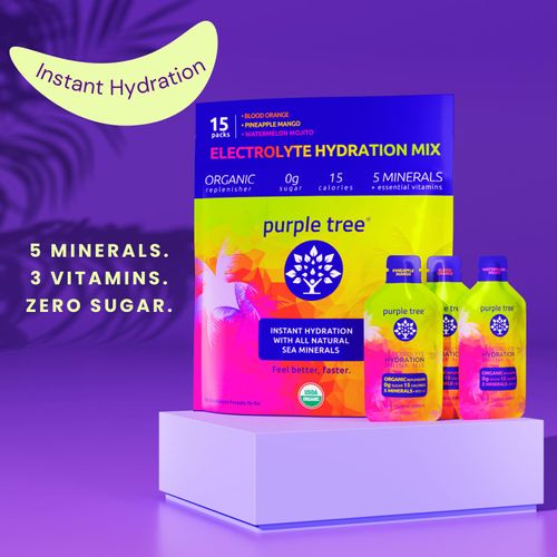 Purple Tree Organic Electrolyte Hydration Packets, Zero Sugar, Sea Salts, Daily IV Hydrate Packs for Rapid Rehydration Relief - Water Drink Mix, Variety Pack, 15 units