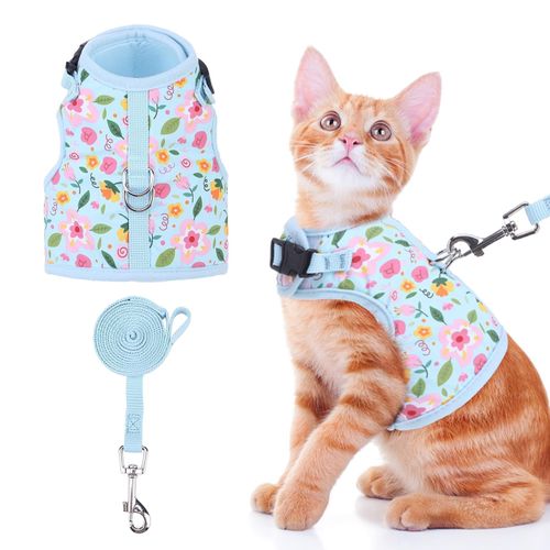 BINGPET Cat Harness and Leash Set Escape Proof for Walking,Step-in Harness with Lightweight Soft Breathable Mesh,Adjustable Easy Control Harness for Kitten Puppy Small Medium Large Cats(Flower,L)